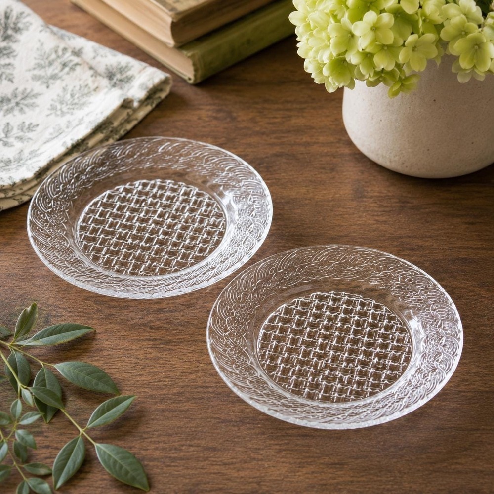 2 Pasari‎ Indonesia Clear Glass Bread Plate 7" Basketweave Wave Pattern VTG 90s